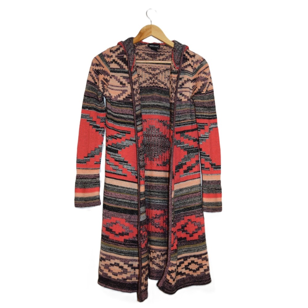 Wet Seal Women Tribal Aztec Long Hoodie Cardigan Sweater XS‎ Coral Black Y2K